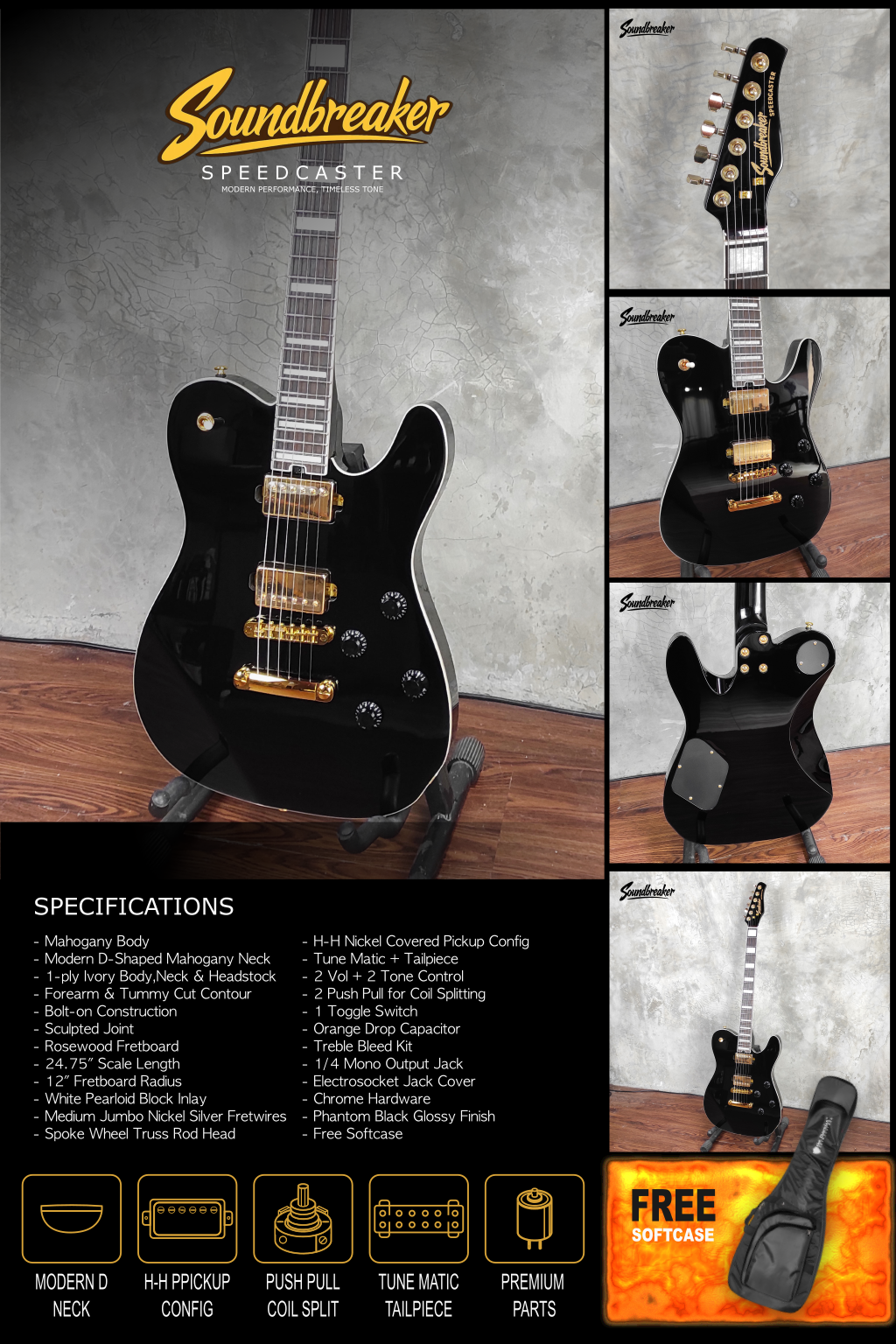 Soundbreaker Speedcaster electric guitar in Phantom Black gloss finish with nickel-covered humbuckers and chrome hardware