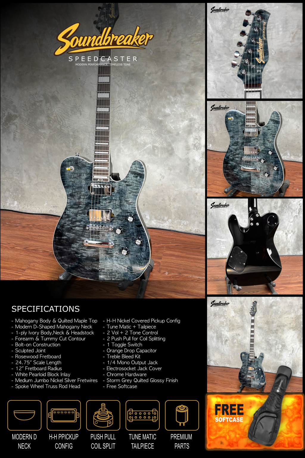 Soundbreaker Speedcaster electric guitar in Storm Grey quilted maple finish with marbled blue-grey figuring