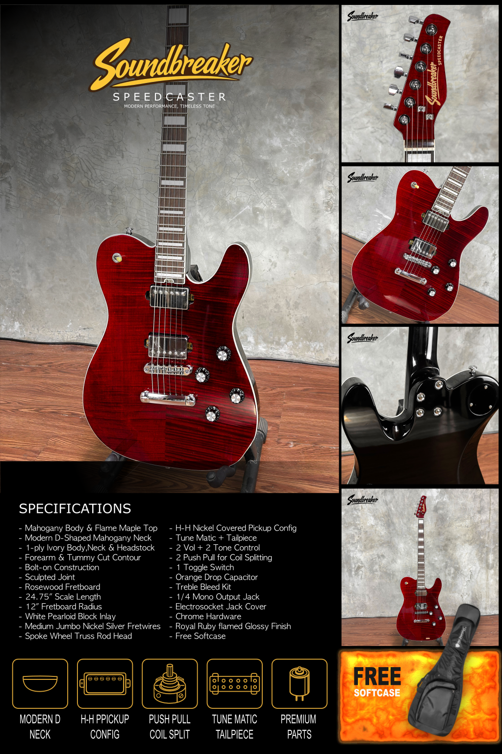 Soundbreaker Speedcaster electric guitar in Royal Ruby flamed maple finish with deep red figuring and white pearloid block inlays